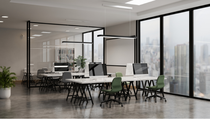 An officer interior showing desk and chairs